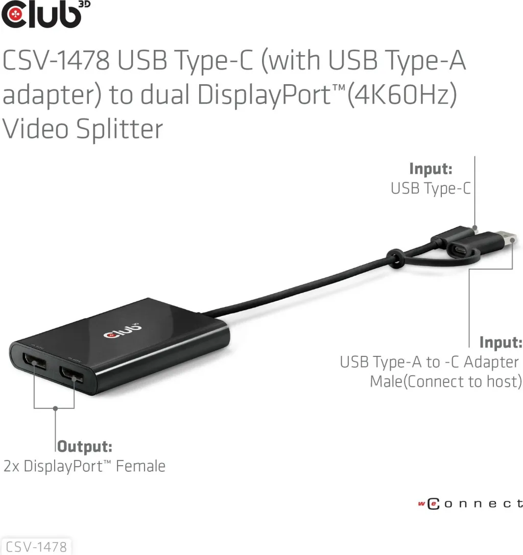 Adapter Club3D USB-C/USB-A në 2x DisplayPort 4K, i zi - 13