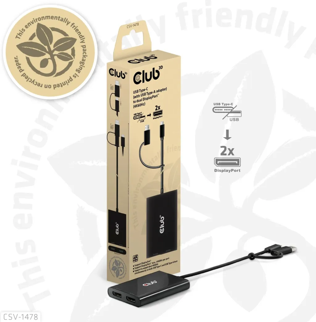 Adapter Club3D USB-C/USB-A në 2x DisplayPort 4K, i zi - 7