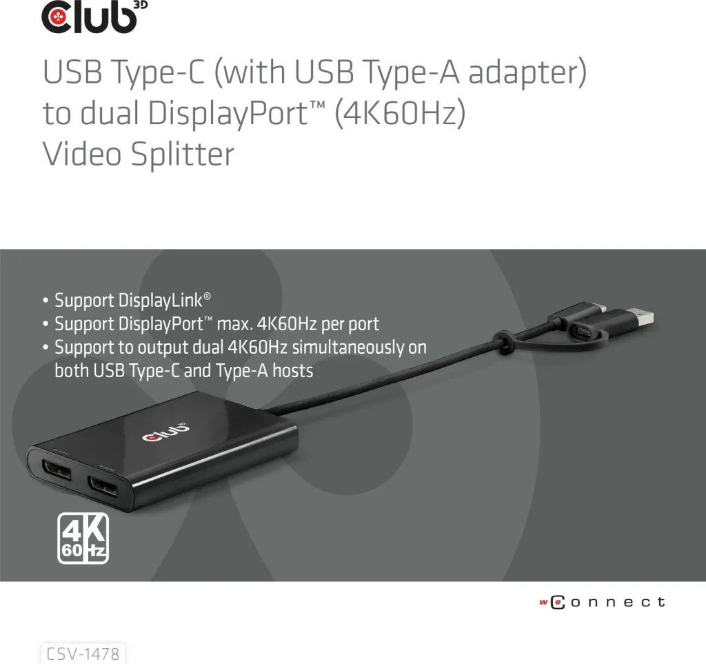 Adapter Club3D USB-C/USB-A në 2x DisplayPort 4K, i zi - 9