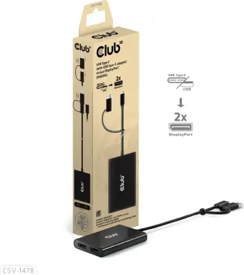 Adapter Club3D USB-C/USB-A në 2x DisplayPort 4K, i zi