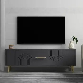 Komodë TV Skye Decor, ngjyrë antracit, detaje të arta, Retrol2