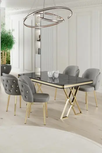 Tavolinë me karrige, 5 copë, Skye Decor Rigel, mermer i zi, ar, gri
