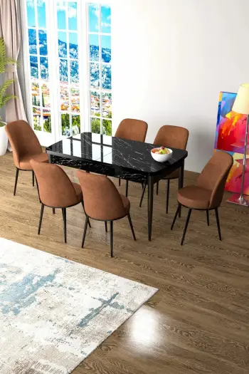 Set tavoline me karrige për ngrënie, i zgjatshëm, 7 copë, Skye Decor, mermer i zi, karrige ngjyrë të kuqe tile