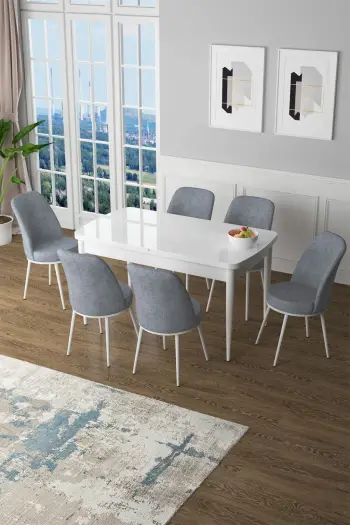 Tavolinë me karrige, set 7 pjesësh, zgjatshme, Skye Decor, Zen, e bardhë, gri