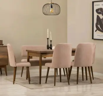 Tavolinë me karrige, set 6 pjesësh, ngjyrë arrë dhe gur, Skye Decor, zgjatje