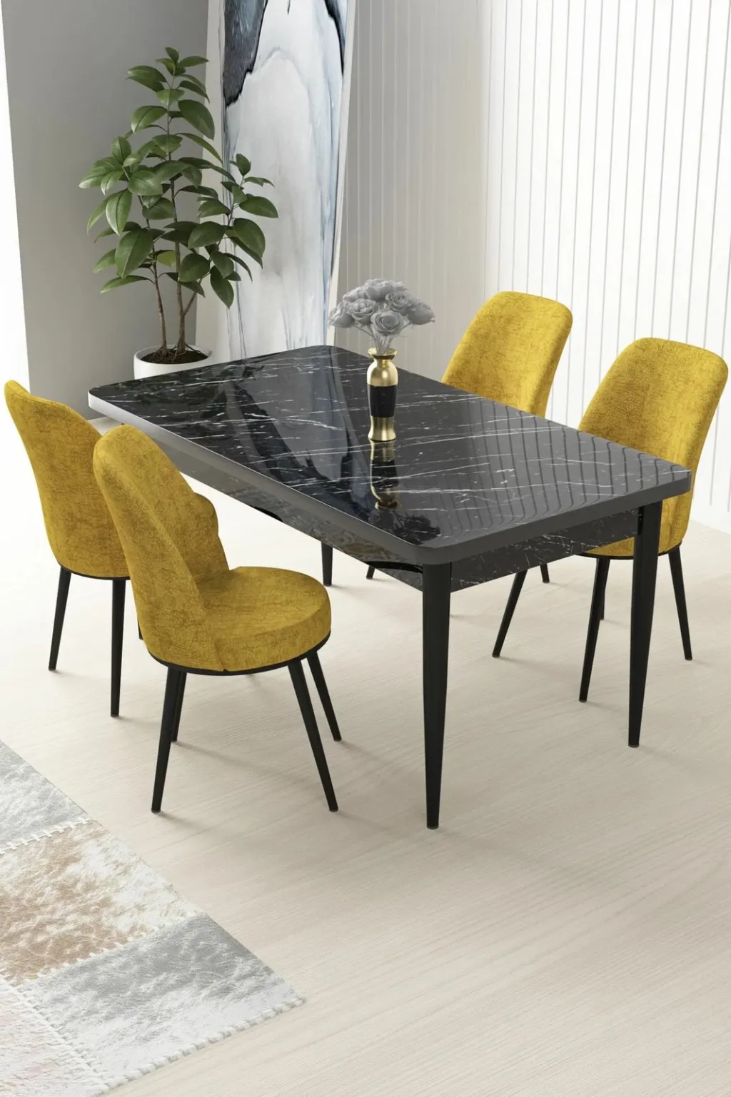 Tavolinë me karrige, 5 copë, Skye Decor, mermer i zi, mustard - 1