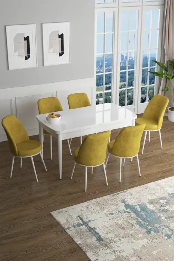 Tavolinë me karrige, zgjatshme, 7 copë, ngjyrë e bardhë dhe mustard, Skye Decor Han
