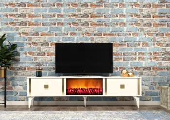 Komodë TV me oxhak elektrik, ngjyrë e bardhë dhe ari, Skye Decor, Doruk Fireplace