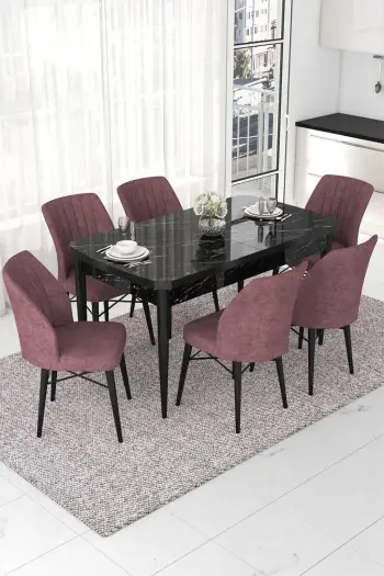 Tavolinë me karrige, zgjatshme, 7 copë, Skye Decor, ngjyrë mermeri të zi, dusty rose