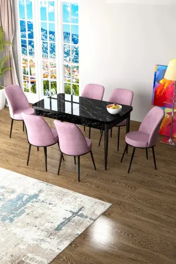 Tavolinë me karrige, zgjatshme, ngjyrë mermeri të zi dhe rozë, 7 copë, Skye Decor, Zen