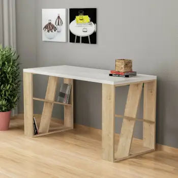 Tavolinë pune për studim, ngjyrë e bardhë dhe lis, Skye Decor