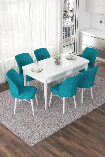 Tavolinë me karrige për ngrënie, e zgjatshme, 7 copë, ngjyrë e bardhë dhe tyrkiz, Skye Decor