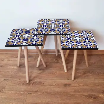Set tavolinash të vendosshme, 3 copë, Skye Decor, 3Shp26, ngjyrë bardhë, kaltër deti, verdhë