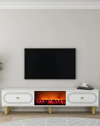 Komodë TV Skye Decor, Polen Bohem me oxhak dekorativ, e bardhë