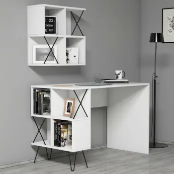 Tavolinë studimi moderne, e bardhë/zezë, Skye Decor, Extra 2, me rafte muri