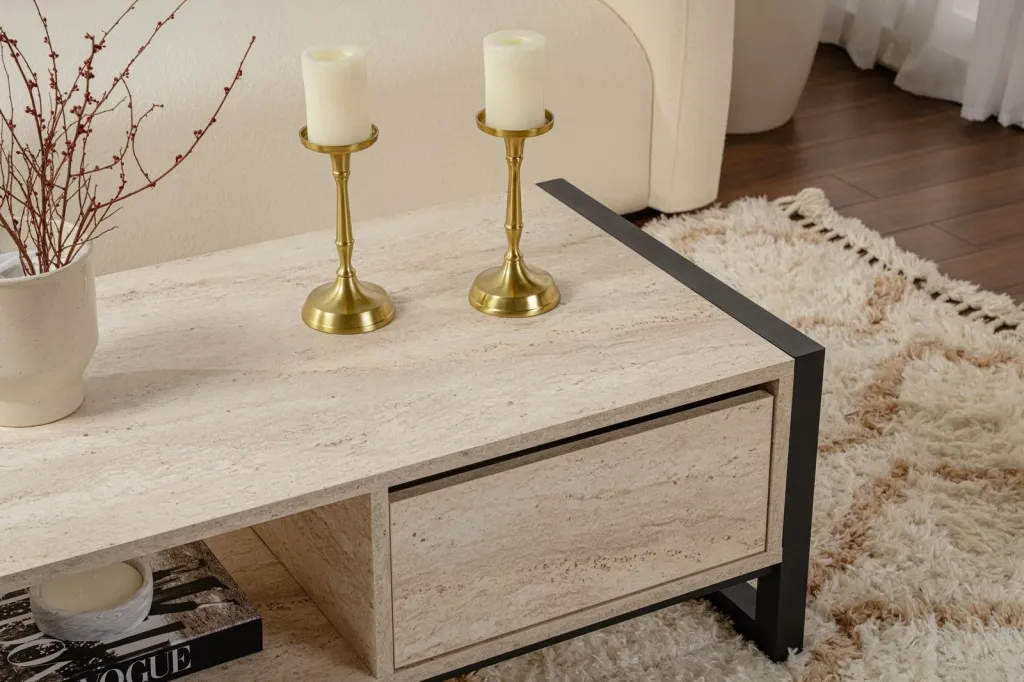Tavolinë kafeje Skye Decor, Haldizen, travertin, e zezë - 3