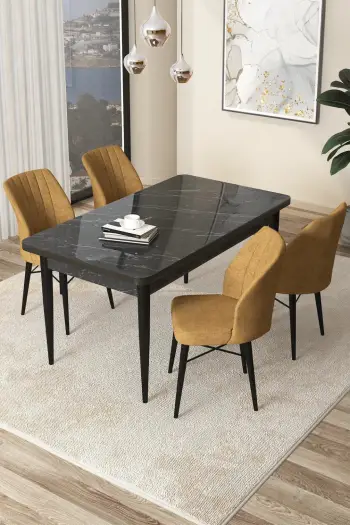 Tavolinë me karrige (5 copë), Skye Decor, mermer i zi, kapuçino