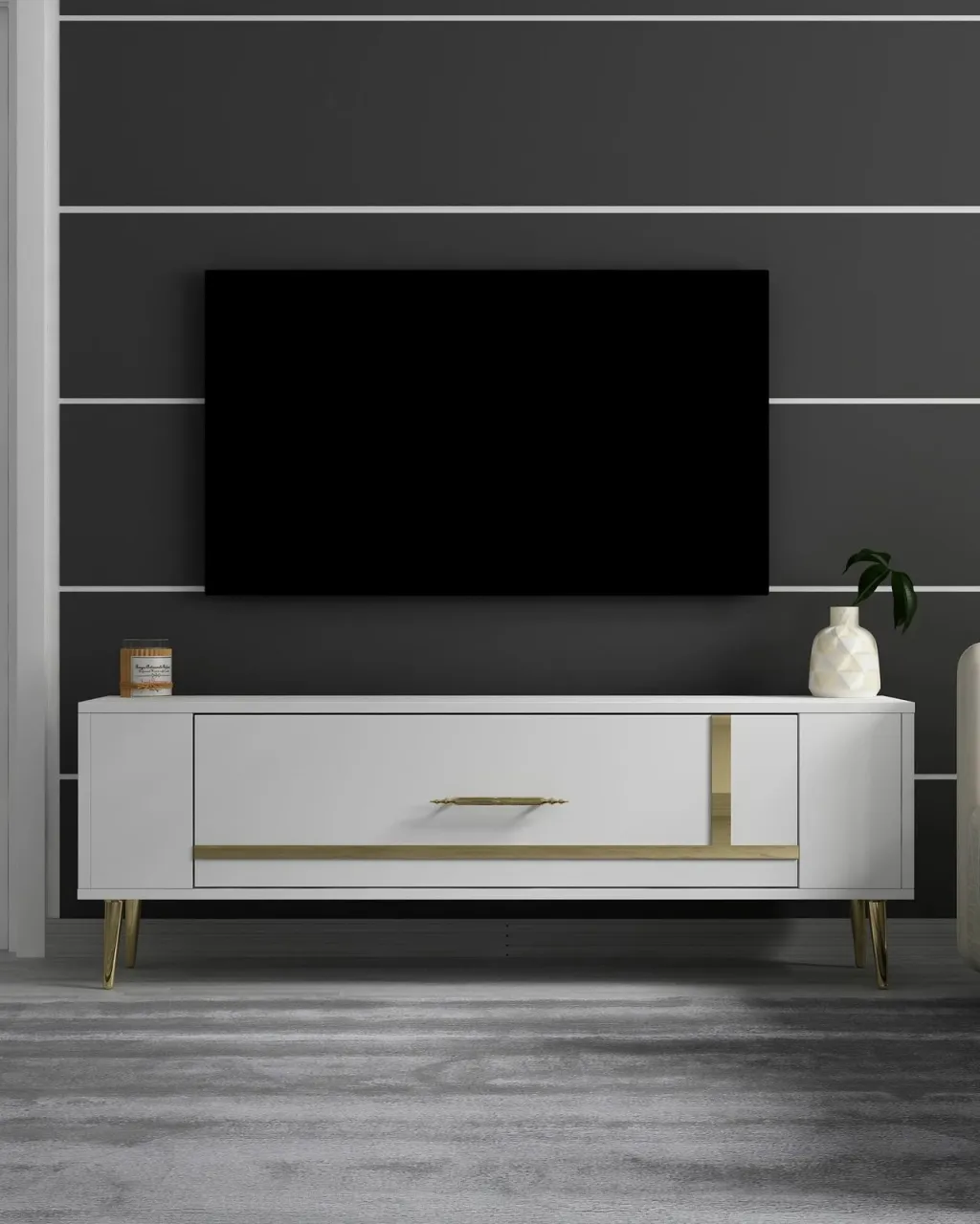 Komodë TV, ngjyrë e bardhë dhe ari, Skye Decor, Retrop1 - 1