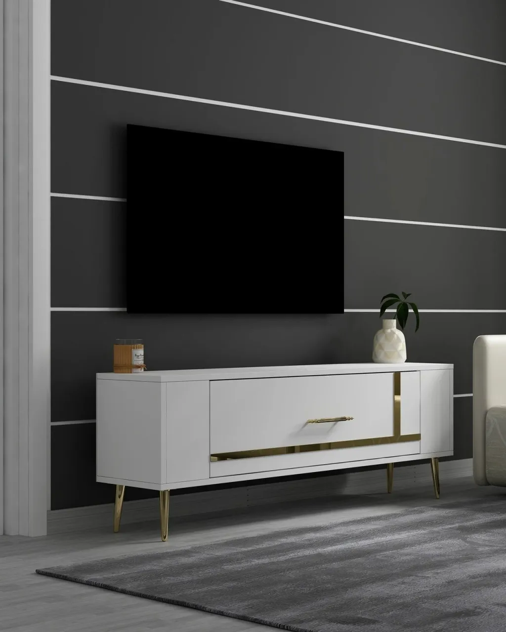 Komodë TV, ngjyrë e bardhë dhe ari, Skye Decor, Retrop1 - 2