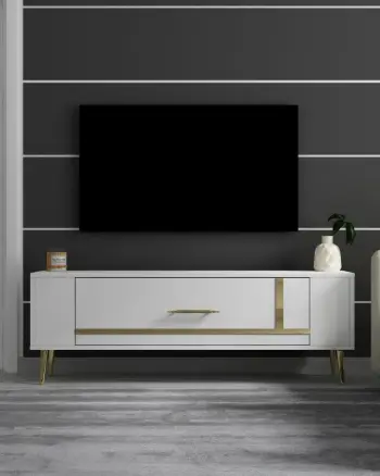 Komodë TV, ngjyrë e bardhë dhe ari, Skye Decor, Retrop1
