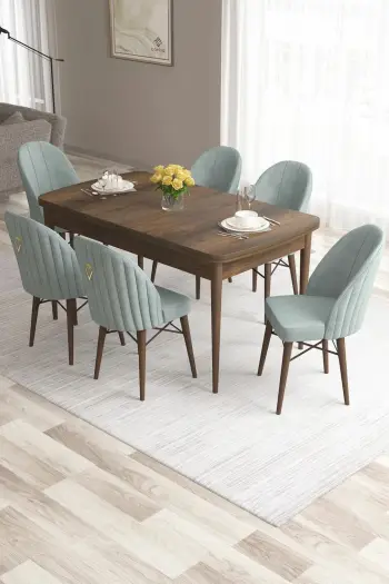 Tavolinë me karrige, zgjatshme, 7 copë, Skye Decor, barok, jeshile deti