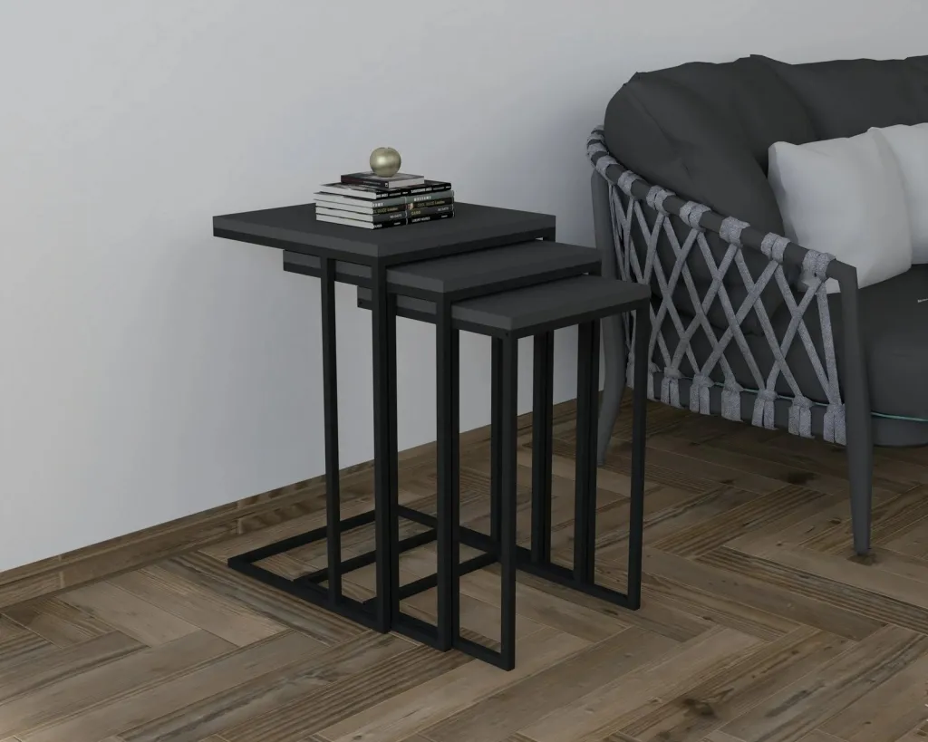 Set tavolinash ndihmëse të vendosshme, 3 copë, ngjyrë e zezë, antracit, Skye Decor - 2