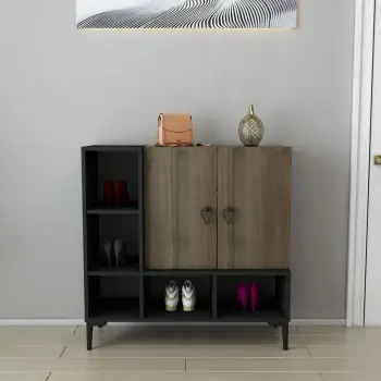 Konsolë moderne-industriale, ngjyrë platin, e zezë dhe arre, Skye Decor