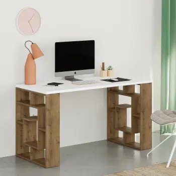 Tavolinë pune, ngjyrë e bardhë dhe lis i errët, Skye Decor