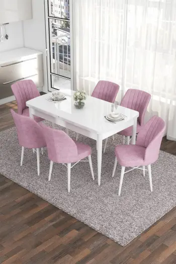 Tavolinë me karrige, e zgjatshme, 7 copë, ngjyrë e bardhë dhe rozë, Skye Decor, Eva