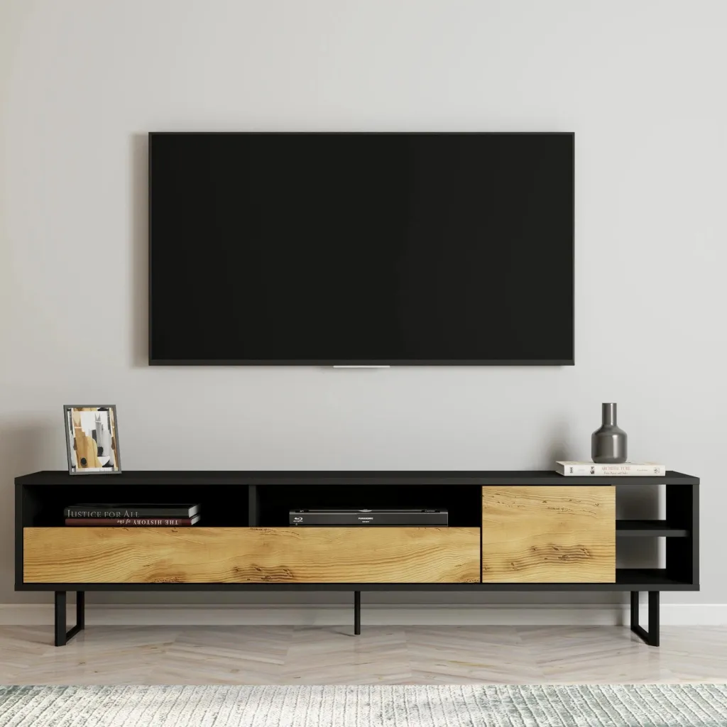 Komodinë TV Skye Decor, ngjyrë e zezë dhe lis, Luga - 1