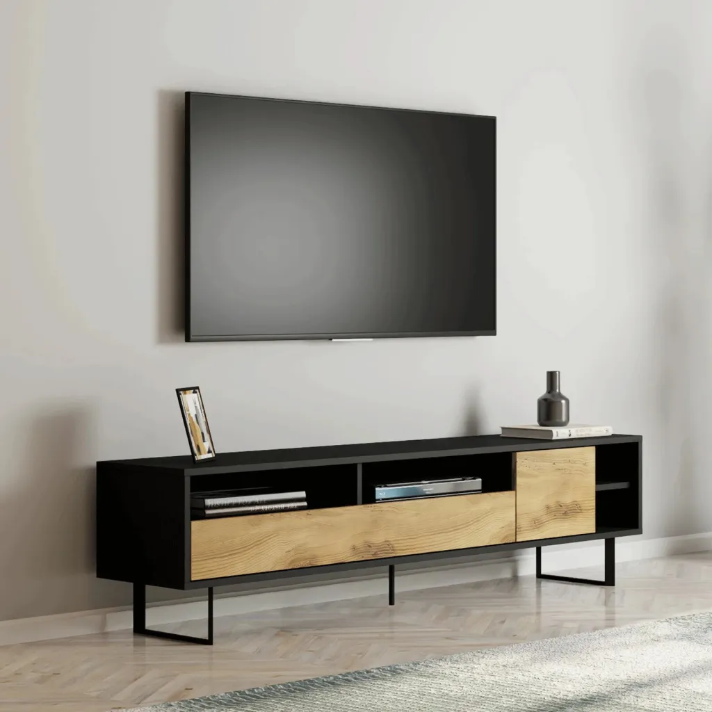 Komodinë TV Skye Decor, ngjyrë e zezë dhe lis, Luga - 2
