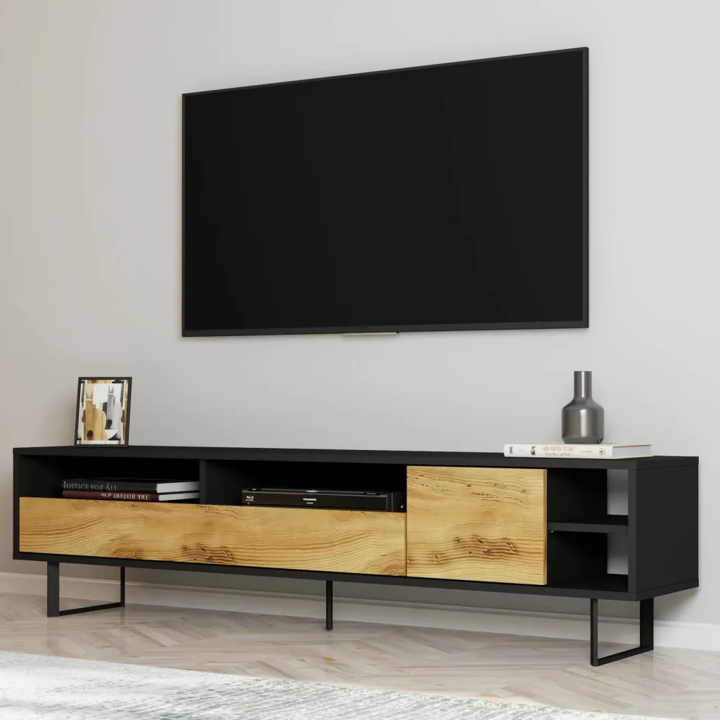 Komodinë TV Skye Decor, ngjyrë e zezë dhe lis, Luga - 3