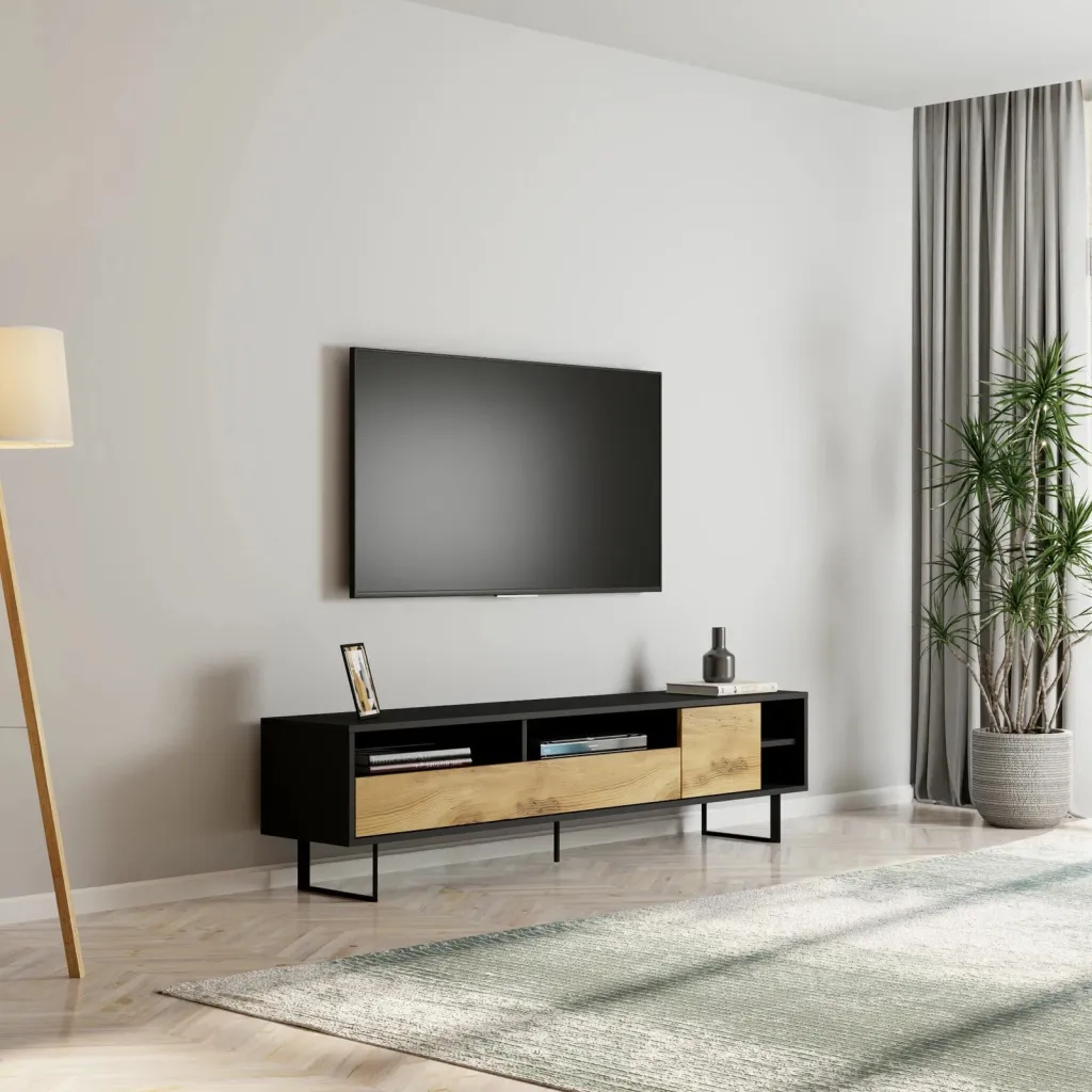 Komodinë TV Skye Decor, ngjyrë e zezë dhe lis, Luga - 4
