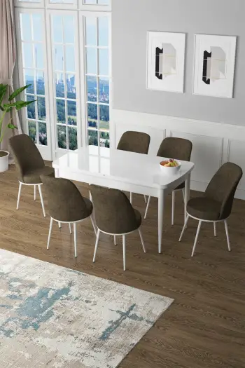 Set tavoline e zgjatshme me karrige (7 copë), Skye Decor, Zen, e bardhë dhe kafe