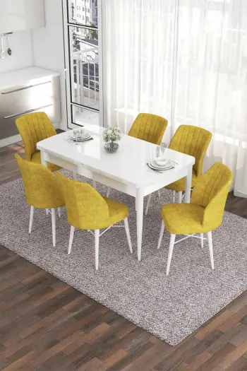 Tavolinë me karrige, zgjatshme, 7 copë, ngjyrë e bardhë dhe mustardë, Skye Decor Eva