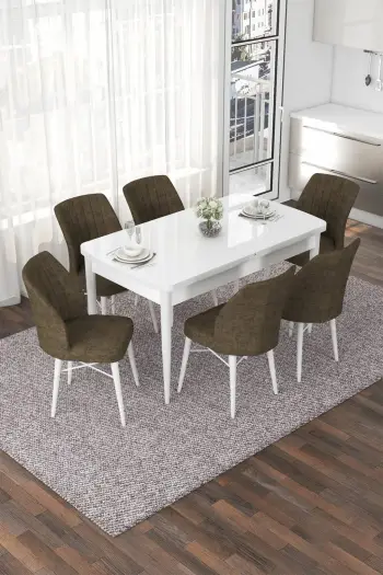Tavolinë me karrige, zgjatshme, 7 copë, Skye Decor, e bardhë, kafe