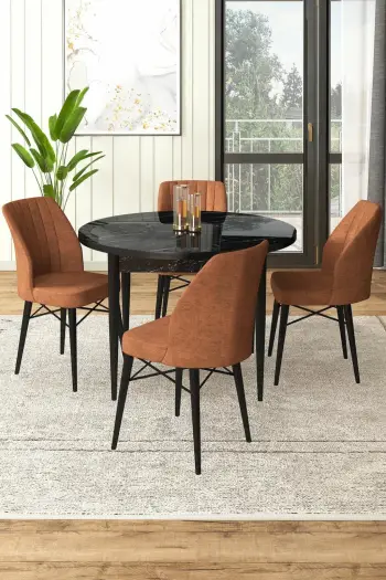 Tavolinë me karrige, 5 copë, Skye Decor, mermer i zi, ngjyrë tullë