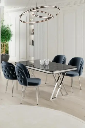 Tavolinë me karrige, 5 copë, Skye Decor Rigel, mermer i zi, krom, antracit