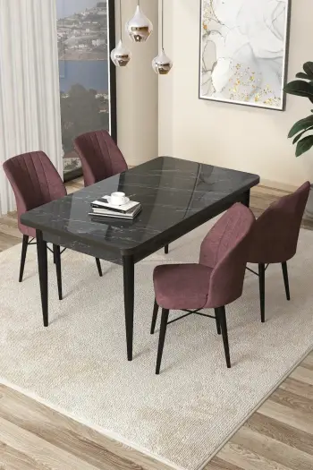 Tavolinë me karrige (5 copë), Skye Decor, mermer i zi, dusty rose