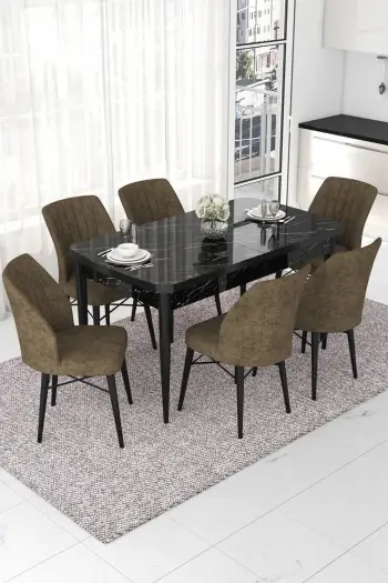 Tavolinë me karrige, zgjatshme, 7 copë, Skye Decor, ngjyrë mermeri të zi, kafe