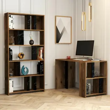 Tavolinë pune me raft librash Skye Decor, ngjyrë arre, mermer i zi