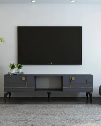 Komodë TV Skye Decor, ngjyrë antracit, detaje ari