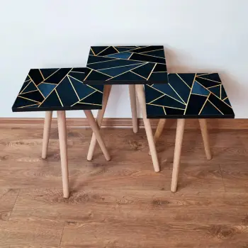 Set tavolinash ndihmëse, 3 copë, ngjyrë kaltër e errët, e zezë dhe ari, Skye Decor, 3Shp321