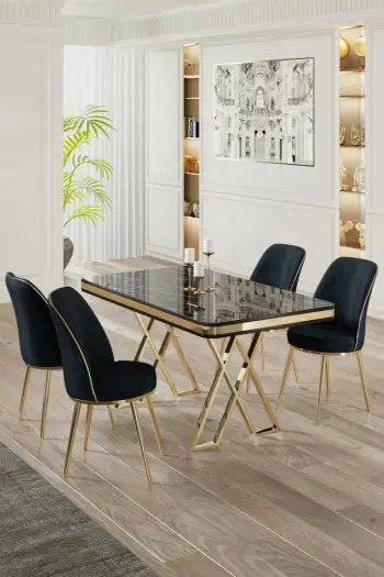 Tavolinë me karrige, 5 copë, Skye Decor, ngjyrë mermeri të zi, ar, antracit