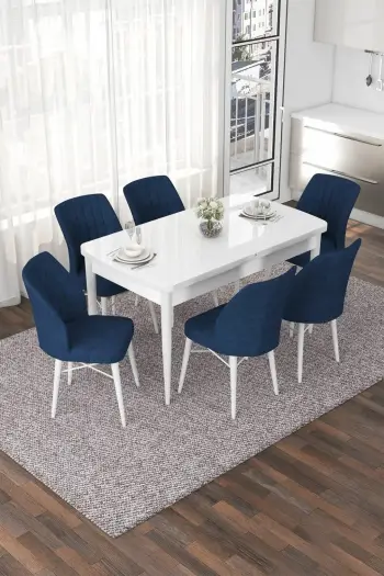 Set tavoline me karrige për ngrënie, e zgjatshme, 7 copë, Skye Decor, e bardhë, blu e errët