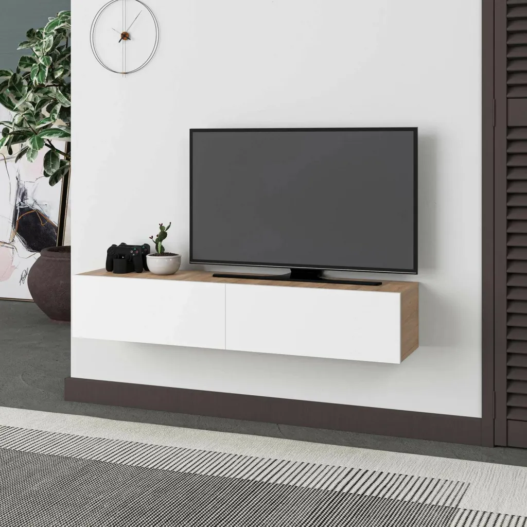 Komodë TV Francy 135, ngjyrë lis safir dhe e bardhë, Skye Decor - 1