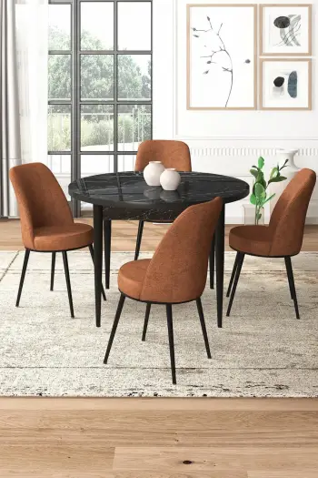 Tavolinë me karrige, 5 copë, Skye Decor, mermer i zi, karrige të kuqe tile