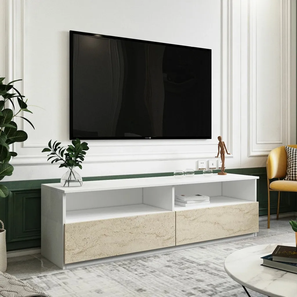 Konsolë TV, ngjyrë e bardhë dhe travertin, Skye Decor - 1