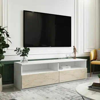 Konsolë TV, ngjyrë e bardhë dhe travertin, Skye Decor
