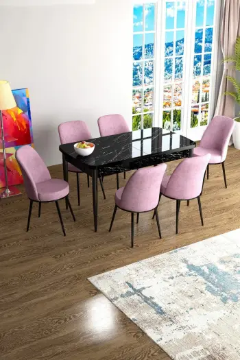 Set tavoline me karrige për ngrënie, e zgjatshme, 7 copë, Skye Decor Han, mermer i zi, rozë